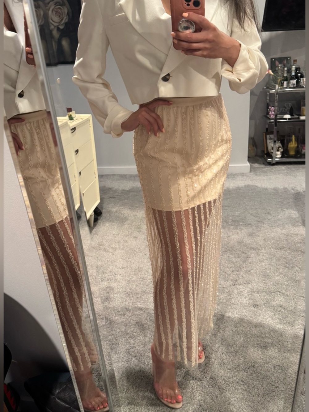 Ivory Cream Beaded Sequined Sheer Mesh Mini Midi Maxi Skirt XS Bridal Party Chic